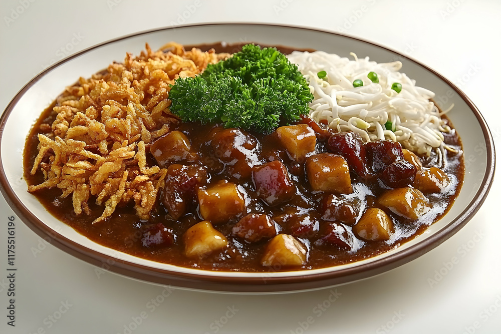 Delicious Japanese curry dish with potatoes, meat, fried onions, bean sprouts, and parsley garnish served on a plate. Delicious Japanese curry dish with potatoes, meat, fried onions, bean sprouts, and parsley garnish served on a plate.