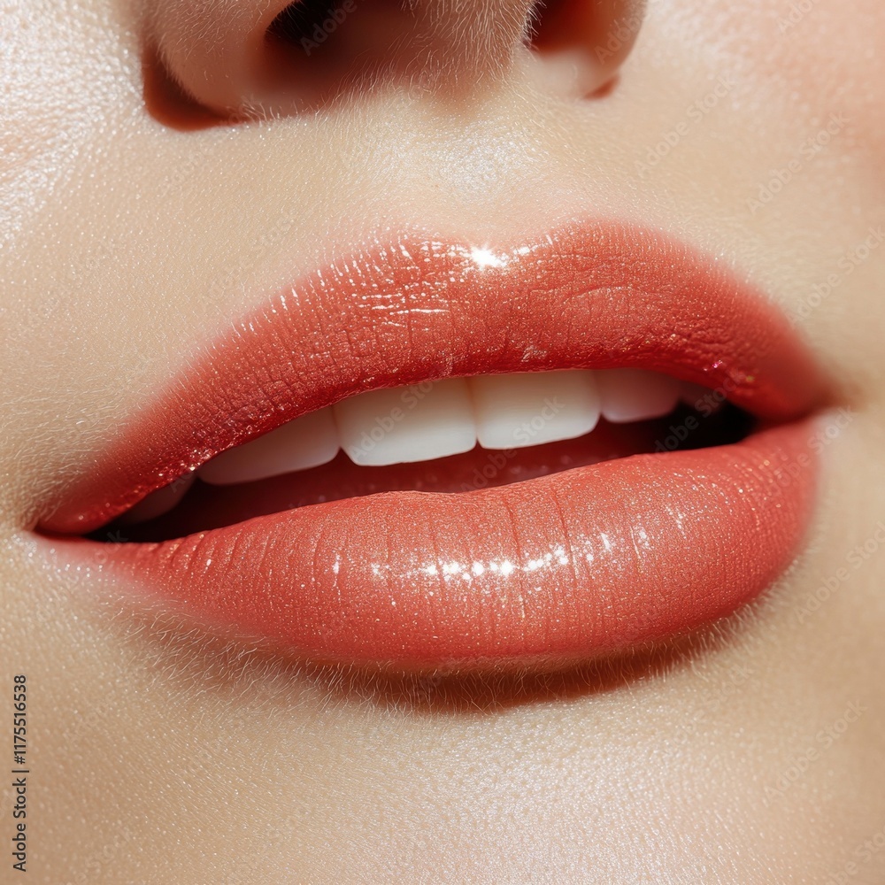 Obraz premium Glossy Lips Close-Up After Permanent Makeup in Trendy Nude Shade