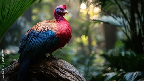 Vibrant bird perched on a log in lush forest. photo