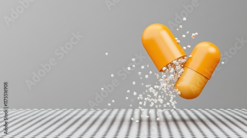 Two orange capsules spilling white beads on a gray background.