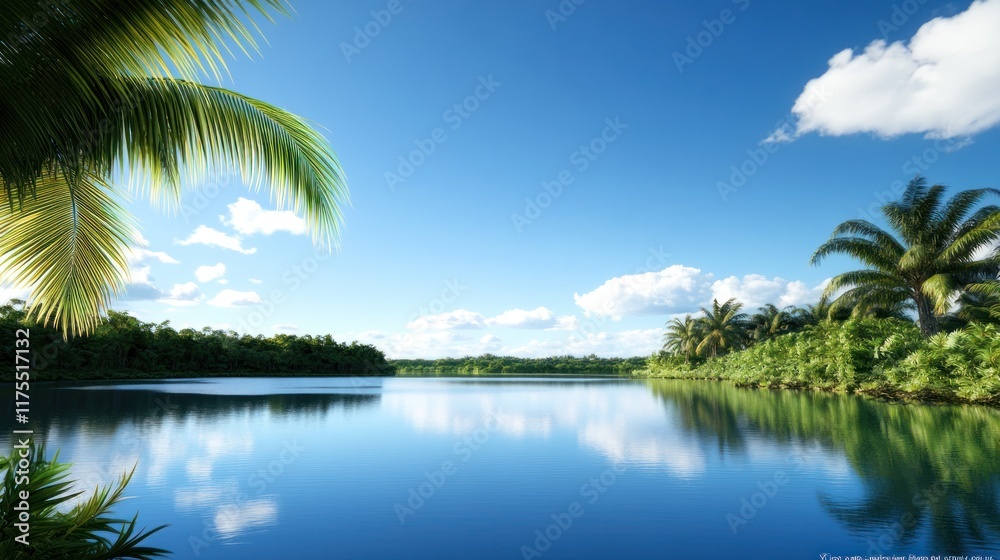 Obraz premium Serene lake surrounded by lush greenery and a clear blue sky.