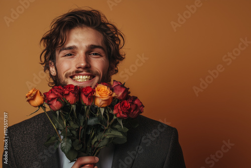 Handsome man with a long face, chiseled jawline, dimple in the chin, dirty yellow smile, ugly teeth, crooked teeth, missing teeth, front view, wearing a tie and elegant Armani suit, holding a Saint Va