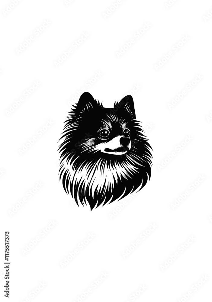 Obraz premium Cheerful Fluffy Dog Portrait in Line Art Style, Detailed Hand-Drawn Vector Illustration of a Cute and Elegant Canine