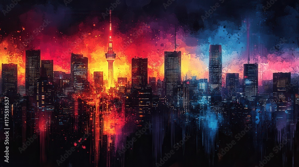 Obraz premium Neon Lanterns and Pop Art Pizza in a Colorful Tokyo Cityscape, vibrant urban scene blending modern culture and artistic expression