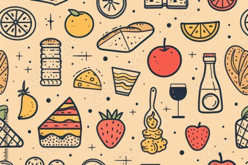 Seamless Pattern of Delicious Food and Drink Icons photo