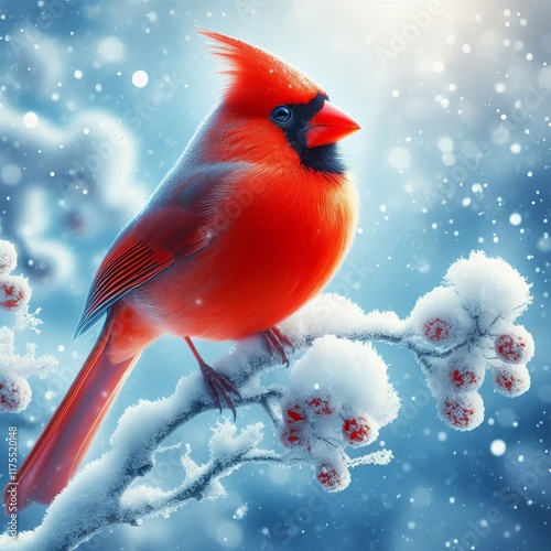 18 Winter Cardinal A bright red cardinal perched on a snowy bran