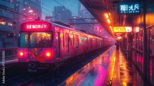 Neon panda amidst splatter paint hotdog, vibrant futuristic Tokyo subway station, dynamic urban fusion, colorful surrealism photo