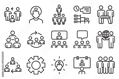 Team building, teamwork, coaching, meeting related editable stroke outline icon set flat vector illustration