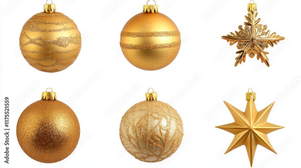 Fototapeta premium Golden Christmas Ornaments and Stars Hanging Isolated on White Background.