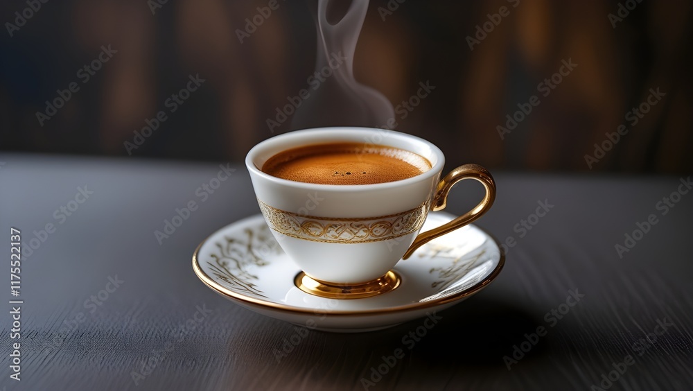 A traditional Italian espresso served in a small porcelain cup on a saucer A traditional Italian espresso served in a small porcelain cup on a saucer