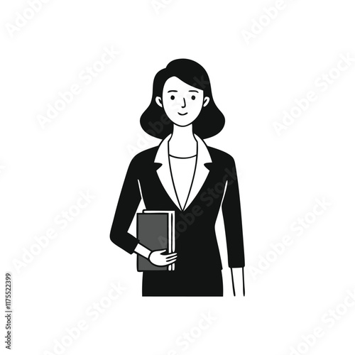  Businesswoman dressed in formal attire, holding a folder, symbolizing professionalism and organization Hand drawn Doodle line art flat vector illustration on white background