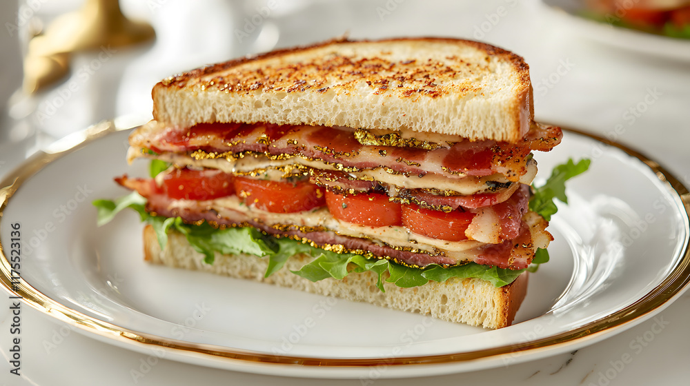 Decadent Classic BLT Sandwich on Elegant Plate with Gold Accents Decadent Classic BLT Sandwich on Elegant Plate with Gold Accents