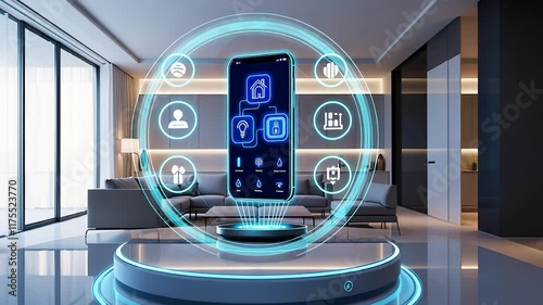 Futuristic Smart Home Interface with Holographic Smartphone Display in a Modern Living Room Setting

 photo