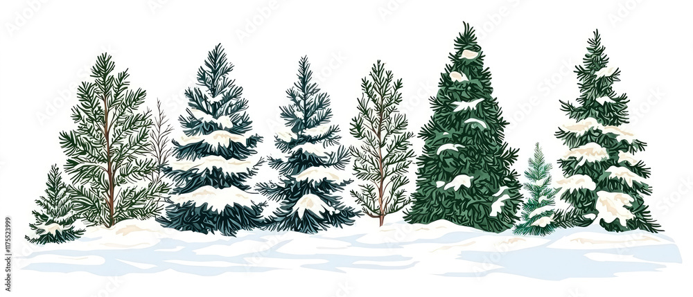 Fototapeta premium Snow-covered evergreen conifer trees on a white winter landscape. Picturesque nature background. Isolated elements for holiday themes, nature concepts, and seasonal exterior designs. Generative ai