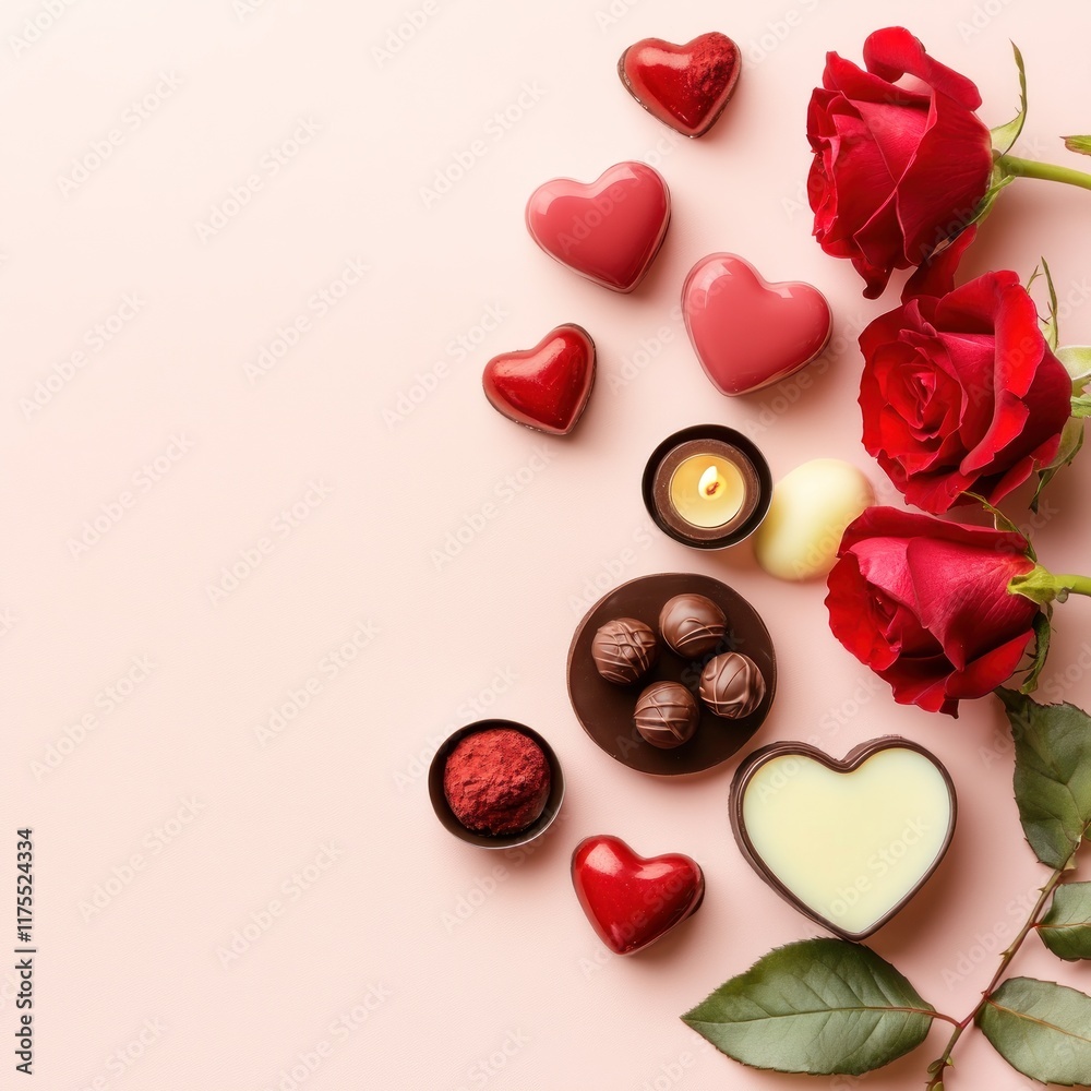 Fototapeta premium Romantic Valentine's Day arrangement with red roses, heart-shaped chocolates, and candle.