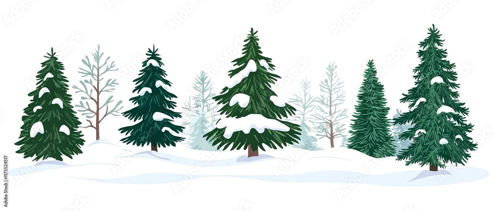 Obraz premium Snow-covered evergreen conifer trees on a white winter landscape. Picturesque nature background. Isolated elements for holiday themes, nature concepts, and seasonal exterior designs. Generative ai