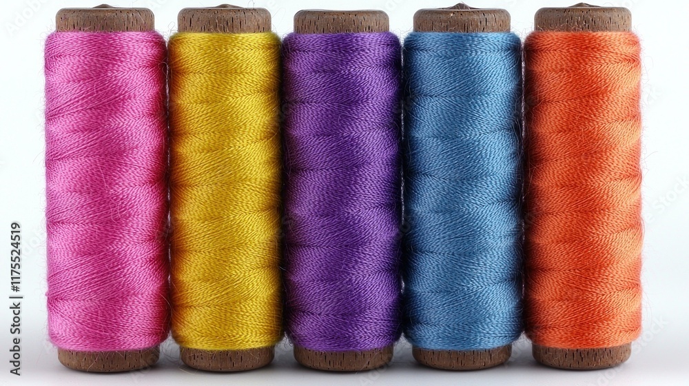 Five spools of colorful sewing thread arranged in a row. Five spools of colorful sewing thread arranged in a row.