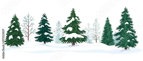 Snow-covered evergreen conifer trees on a white winter landscape. Picturesque nature background. Isolated elements for holiday themes, nature concepts, and seasonal exterior designs. Generative ai