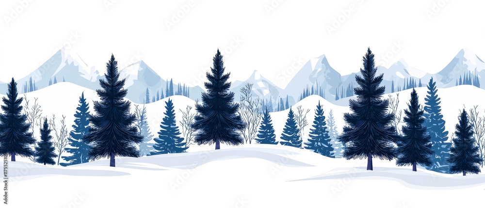 Fototapeta premium Snow-covered evergreen conifer trees on a white winter landscape. Picturesque nature background. Isolated elements for holiday themes, nature concepts, and seasonal exterior designs. Generative ai