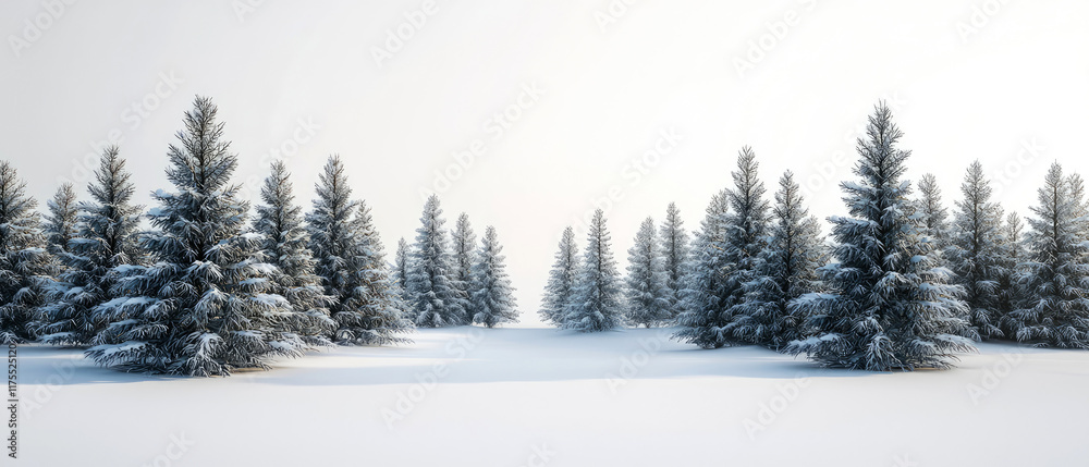 Obraz premium Set of snow-covered evergreen conifer trees on a white winter landscape.Picturesque nature background.Isolated elements for holiday themes, nature and seasonal exterior designs. Generative ai