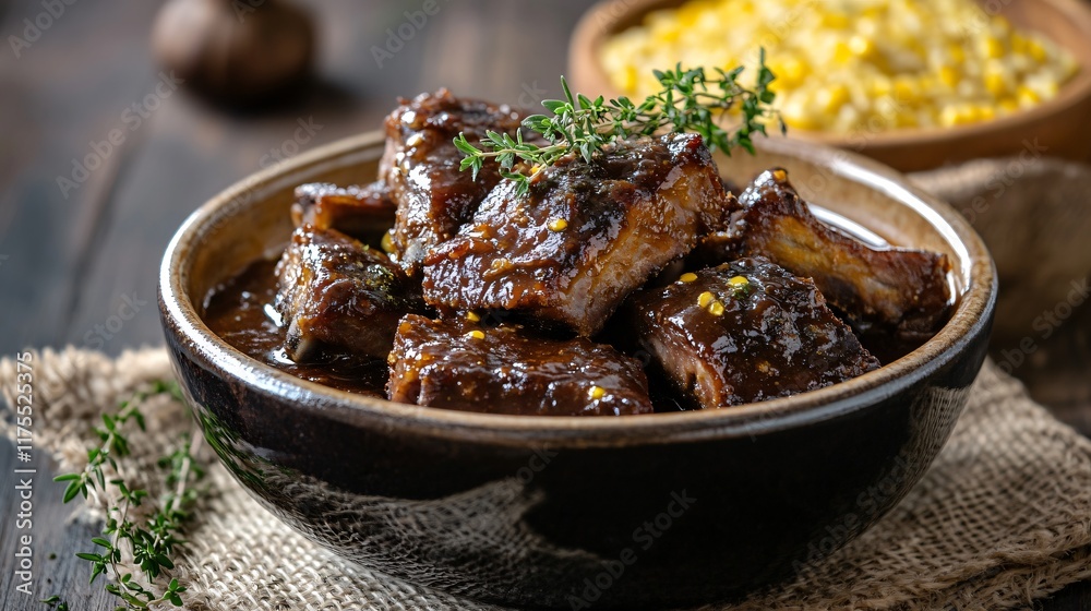Rustic crockpot ribs paired with cornbread, isolated on a burlap cloth with decorative thyme sprigs Rustic crockpot ribs paired with cornbread, isolated on a burlap cloth with decorative thyme sprigs