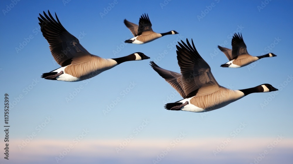 Obraz premium Four geese flying gracefully against a clear blue sky.