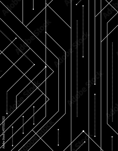 Minimalist abstract vector showcasing geometric lines and dotted patterns on a sleek black background. Ideal for technology visuals, modern design projects, and futuristic themes.