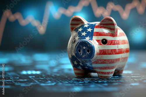 piggy bank painted with the American flag, placed on a financial chart with stock market graphs in the background. It symbolizes the U.S. economy, savings, investment, and finance market