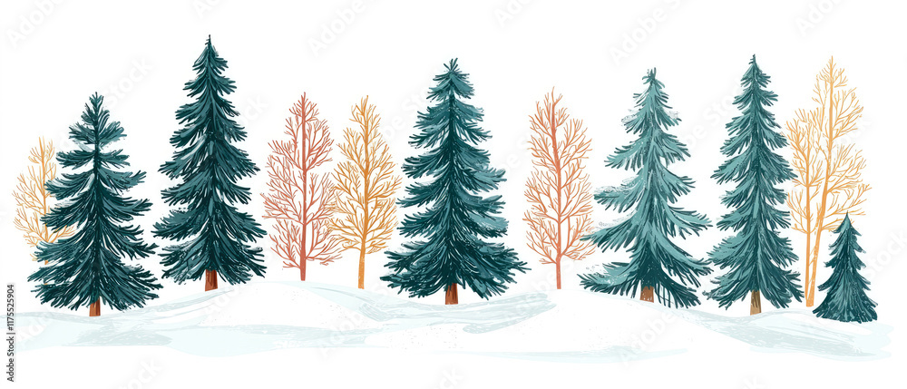 Obraz premium Set of snow-covered evergreen conifer trees on a white winter landscape. Watercolor painting effect. Isolated elements for holiday themes, nature and seasonal exterior designs. Generative ai