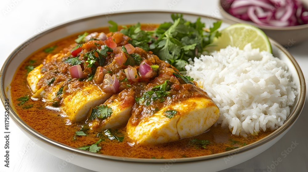 Delicious fish curry served with rice and cilantro, garnished with lime and red onions. Delicious fish curry served with rice and cilantro, garnished with lime and red onions.