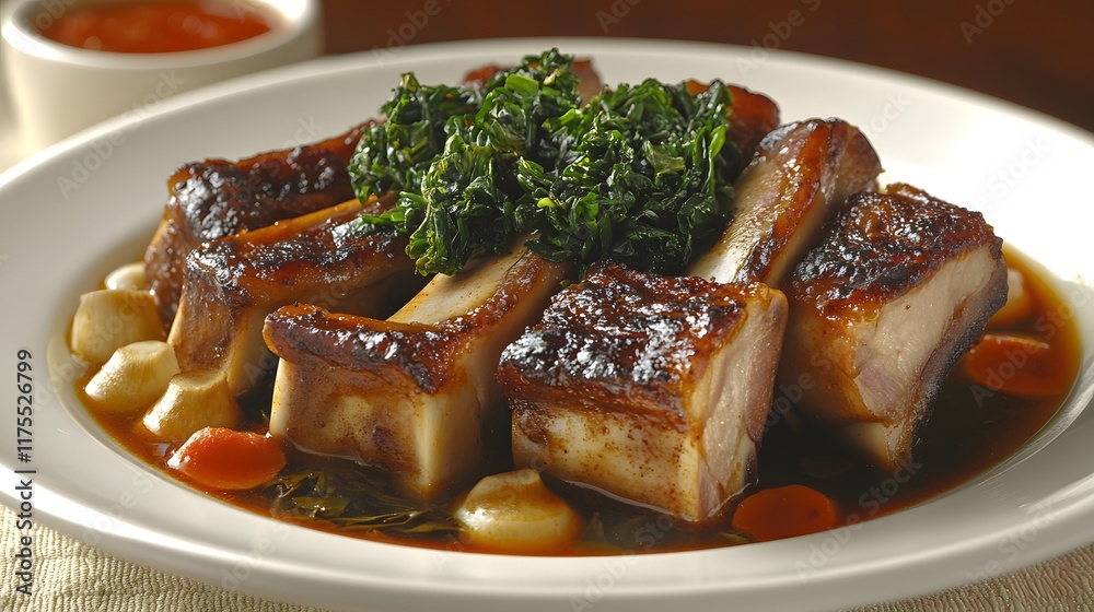 Close-up of braised pork ribs with sauce, garnished with greens and root vegetables on a white plate. Close-up of braised pork ribs with sauce, garnished with greens and root vegetables on a white plate.