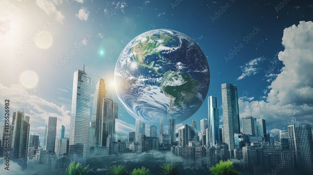 Obraz premium A futuristic city gleams under the gentle sunlight, with lush greenery and skyscrapers reflecting a vibrant blue planet above. Nature and technology unite seamlessly in this vision