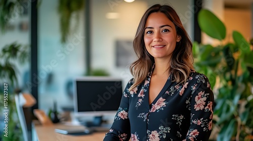 A cheerful professional woman standing near a desk with a touchpad in her hands, looking directly at the camera photo