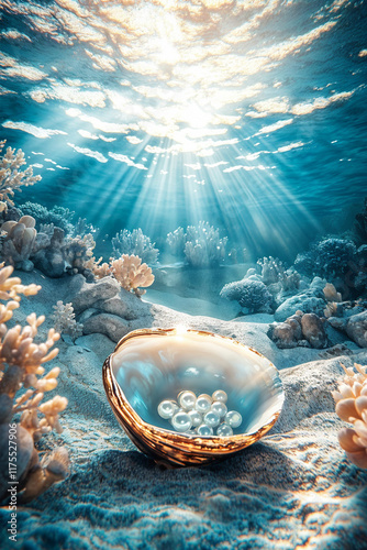coral reef in the blue sea with the macro shot of pearls in the shell