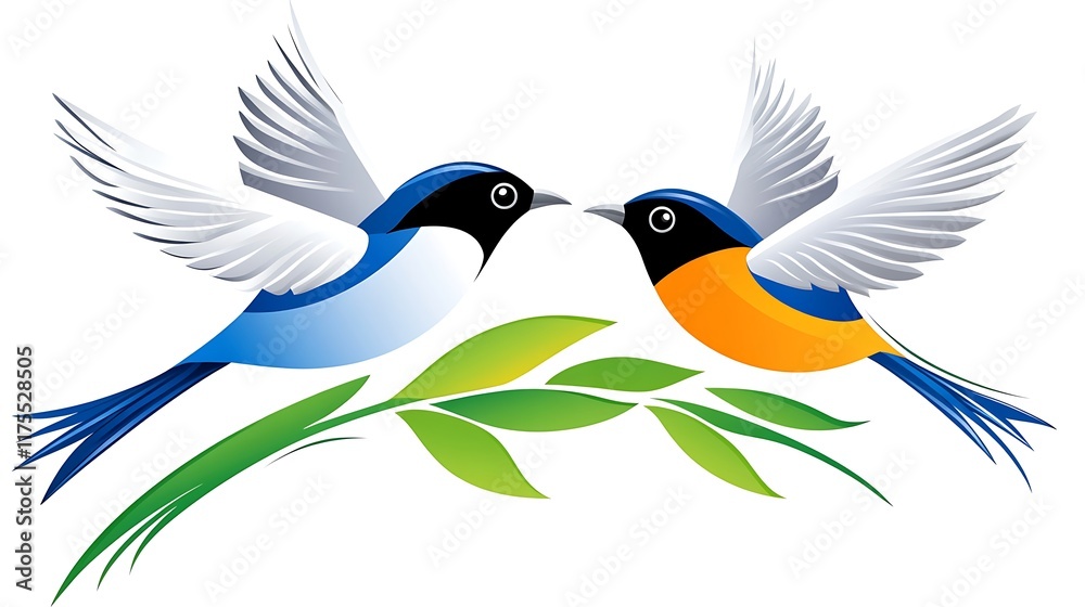 Naklejka premium Two Birds in Flight with Green Leaves