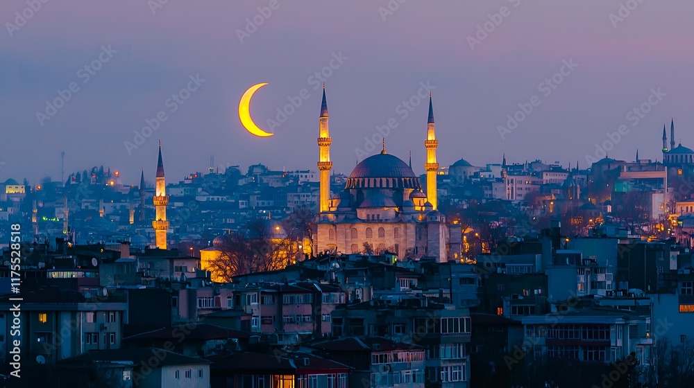 Naklejka premium Illuminated Mosque at Dusk: A Serene Istanbul Nightscape
