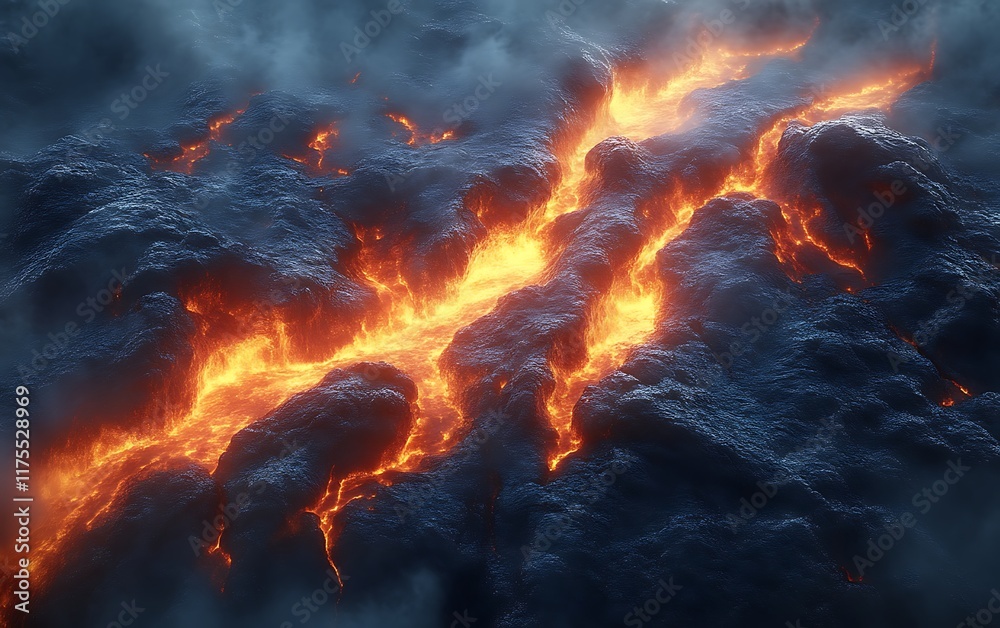 Molten lava flows through dark volcanic rock. (1) Molten lava flows through dark volcanic rock. (1)
