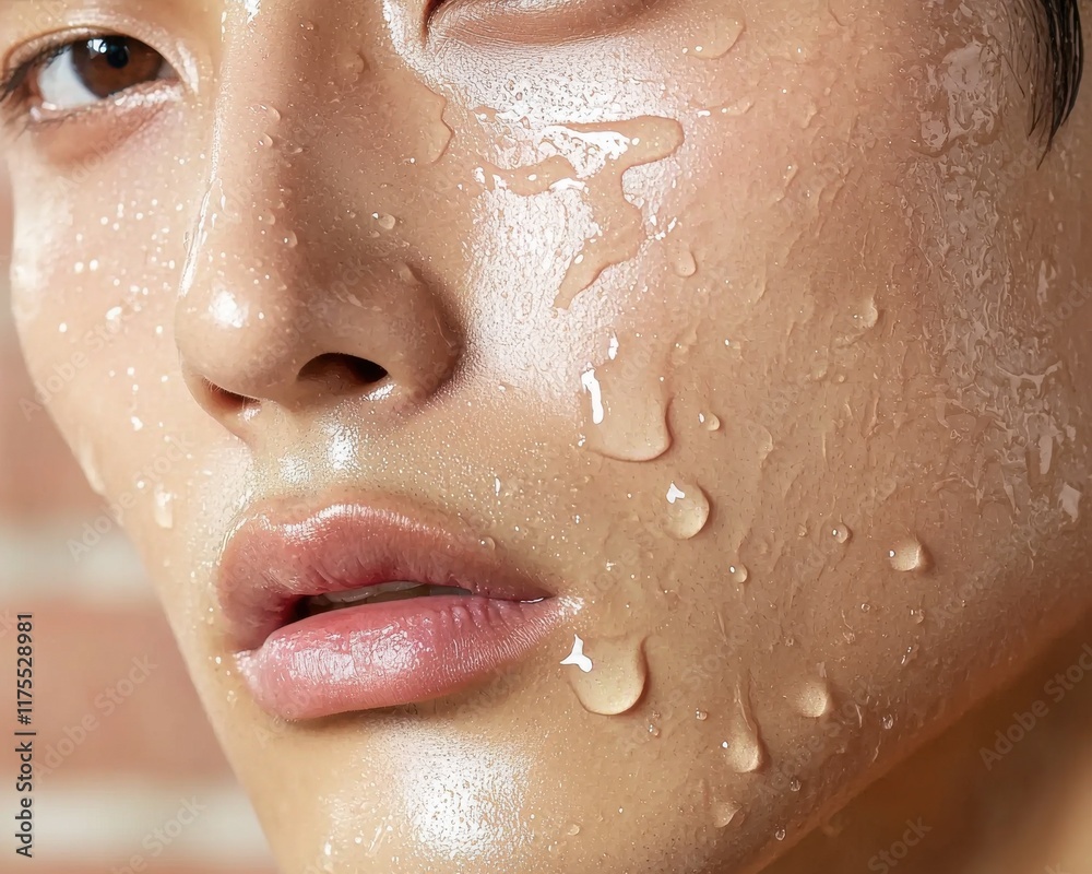 Fototapeta premium Refreshing hydration portrait of a man with water droplets on clear skin indoor studio close-up beauty concept
