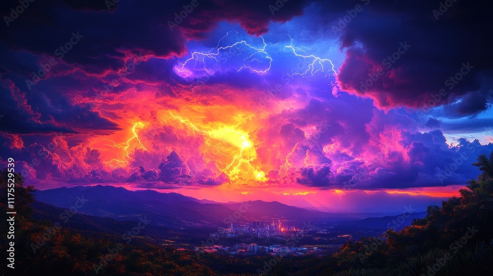 Fototapeta premium Vibrant sunset with lightning storm over city and mountains.