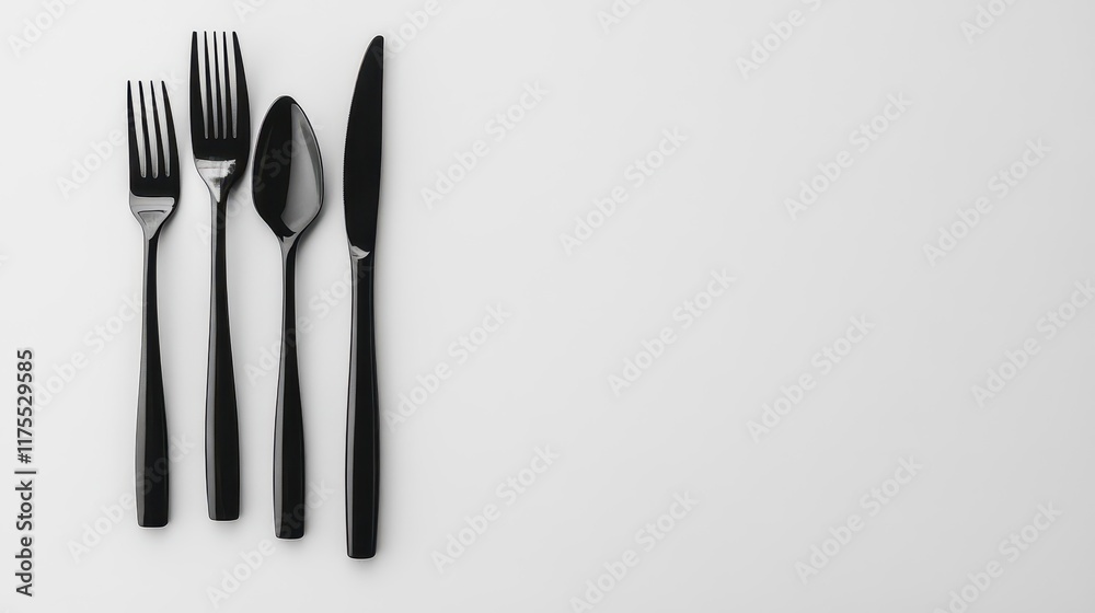 Modern Black and Silver Cutlery Set on White Background Modern Black and Silver Cutlery Set on White Background