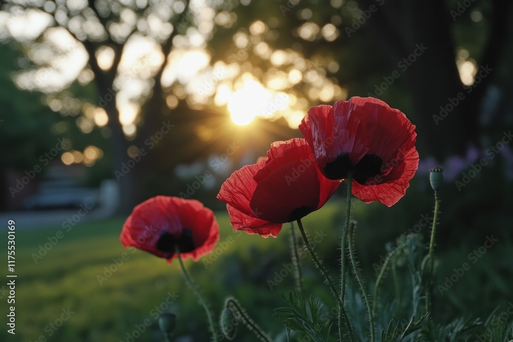 Obraz premium Three red poppies backlit by sunset.