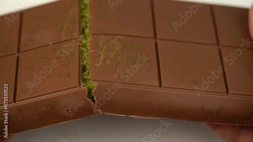Dubai chocolate bar with green pistachio nuts kadaif dessert.