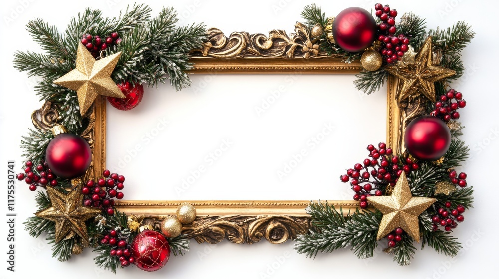 Ornate Gold Frame Decorated with Festive Christmas Greenery and Ornaments on White Background. Ornate Gold Frame Decorated with Festive Christmas Greenery and Ornaments on White Background.