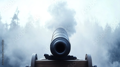 A cannon emitting smoke in a misty forest setting.