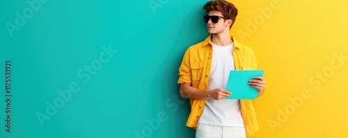 A stylish young man in sunglasses stands against a vibrant two-tone wall, holding a tablet and exuding a trendy and relaxed vibe.
