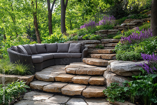 Secluded Stone Patio With Curved Sofa And Lush Greenery