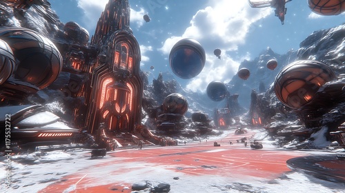 Futuristic Cityscape with Glowing Architecture and Floating Spheres