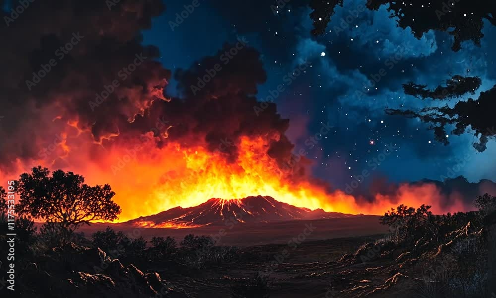 Volcanic Eruption Night Landscape, Fiery Sky, Starry Background, Fantasy Art Volcanic Eruption Night Landscape, Fiery Sky, Starry Background, Fantasy Art