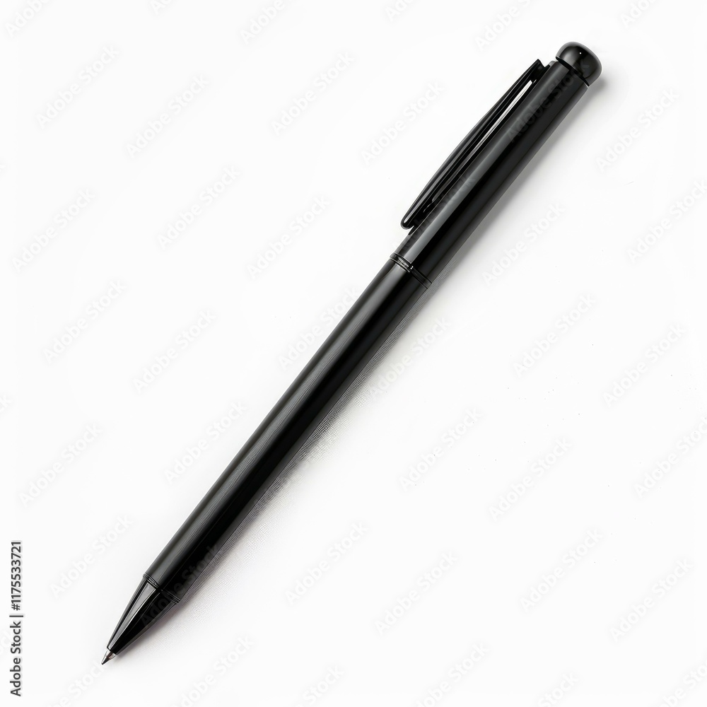 Black elegant pen resting on a pristine white surface, ready for writing or signing Black elegant pen resting on a pristine white surface, ready for writing or signing