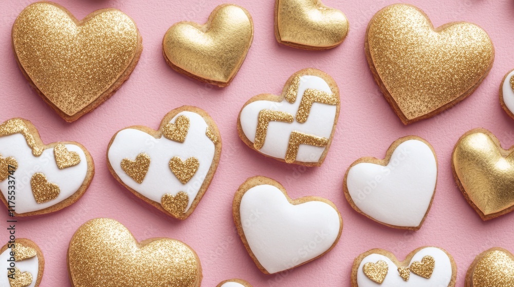 Obraz premium Valentine's Day Cookies with Gold Glitter Sweet Treats Festive Kitchen Colorful Background Heart Shapes
